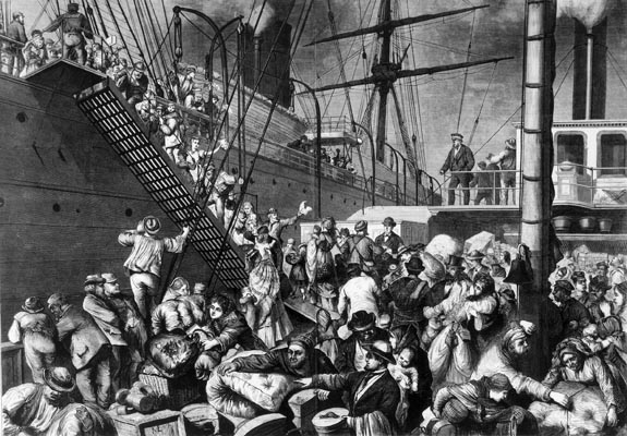 Deutsche Emigranten gehen an Bord eines in die USA fahrenden Dampfers (um 1850)#Chris 73, Gemeinfrei, https://commons.wikimedia.org/w/index.php?curid=60278