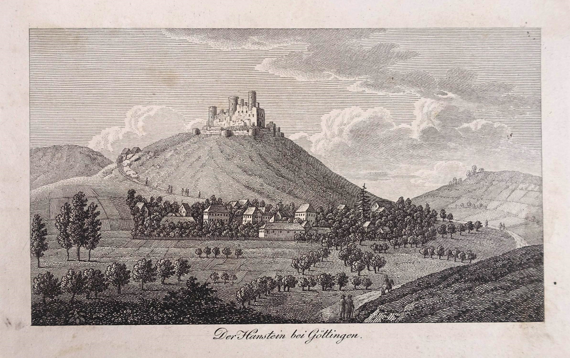 Ruine Hanstein bei Göttingen. Kupferstich um 1820.#Verlag Wiederhold Göttingen.