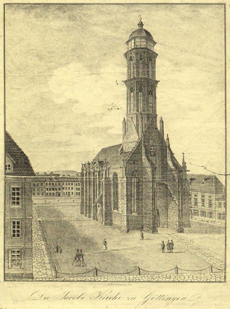 Die Kirche zu St. Jakobi. Lithographie um 1830 von Friedrich Besemann.#Städtisches Museum Göttingen, Inv. Nr. 1917/69.