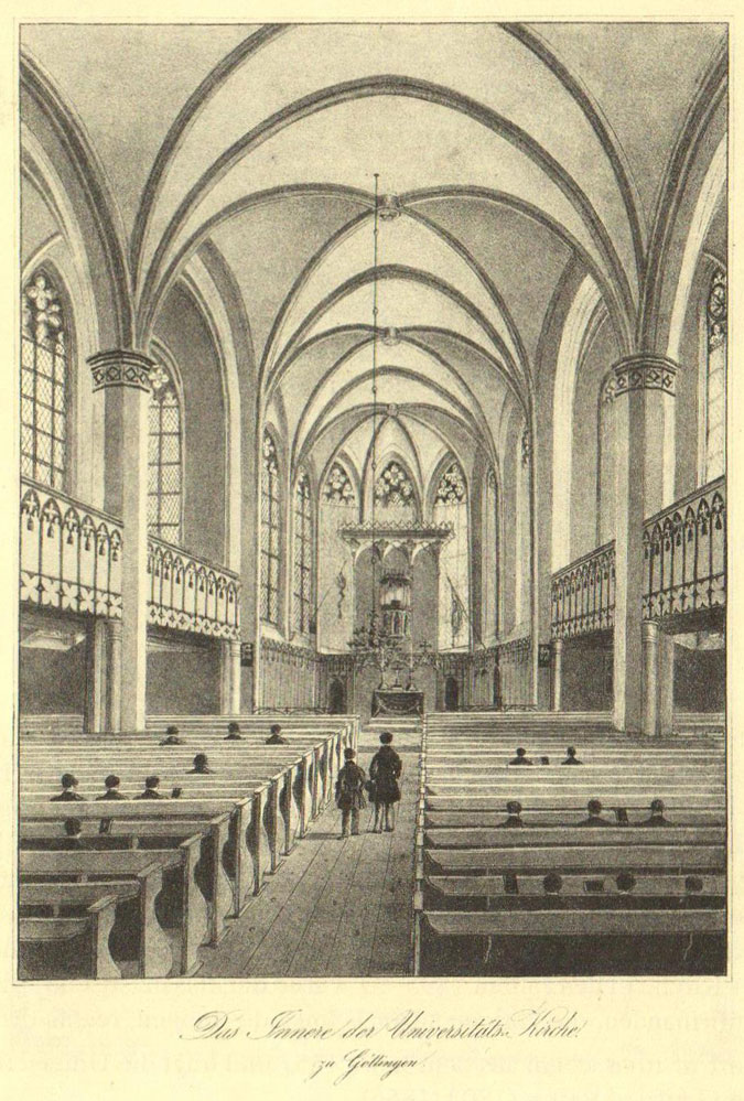 Innenansicht von St. Nikolai, Lithographie um 1850.#Städtisches Museum Göttingen, Inv. Nr.1931/453.