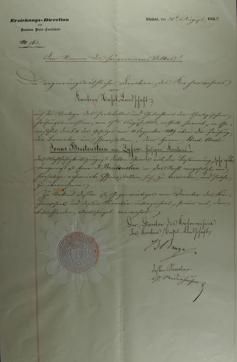 Wahlfähigkeitszeugnis der regierungsrätlichen Direktion des Kirchenwesens des Kantons Basel-Landschaft, ausgestellt am 17. August 1852.